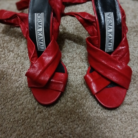 Norma Kamali Striking Red Wrap Heels - Picture 1 of 6